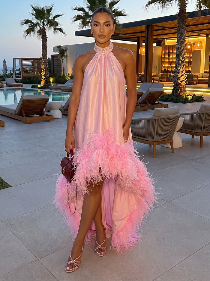 Jacquard A-Line Halter Formal Dresses with Feathers