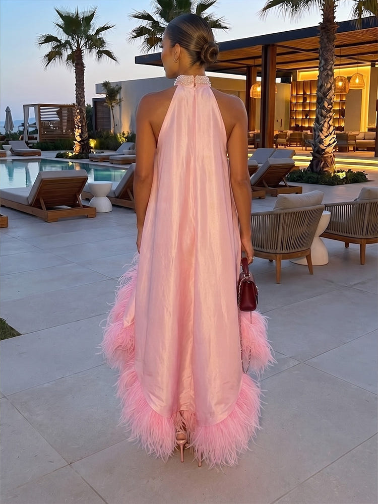 Jacquard A-Line Halter Formal Dresses with Feathers