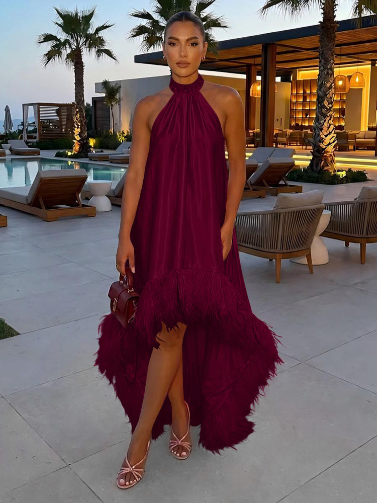 Satin A-Line Halter Formal Tent/ Trapeze Dresses with Feathers