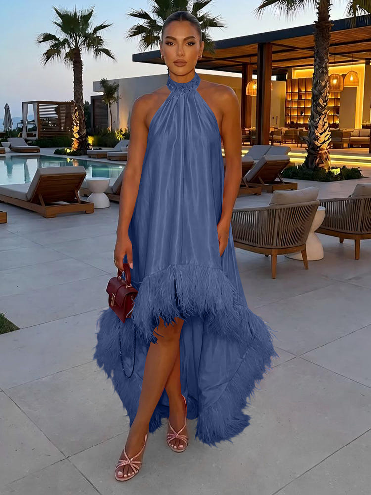 Satin A-Line Halter Formal Tent/ Trapeze Dresses with Feathers