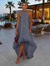 Satin A-Line Halter Formal Tent/ Trapeze Dresses with Feathers