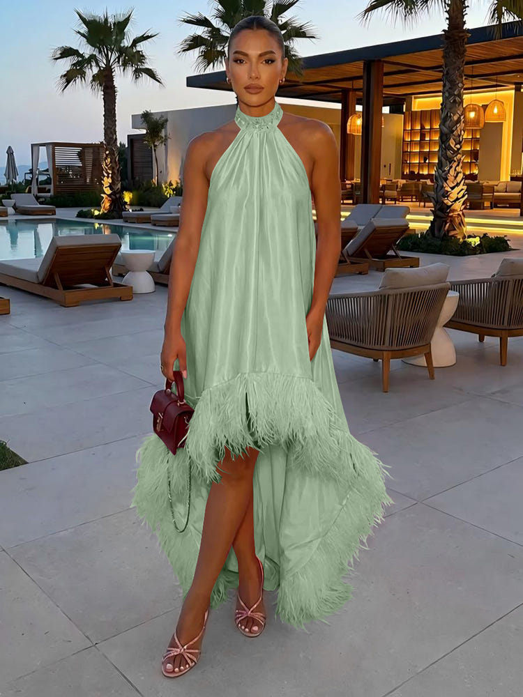 Satin A-Line Halter Formal Tent/ Trapeze Dresses with Feathers