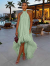Satin A-Line Halter Formal Tent/ Trapeze Dresses with Feathers