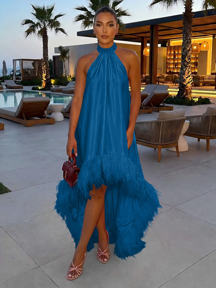 Satin A-Line Halter Formal Tent/ Trapeze Dresses with Feathers