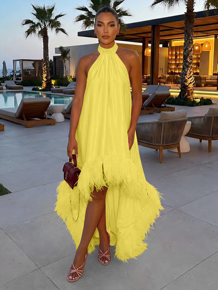 Satin A-Line Halter Formal Tent/ Trapeze Dresses with Feathers