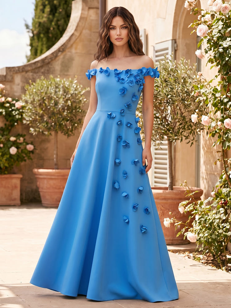 Jersey A-Line Off Shoulder Formal Dresses with 3D Flowers
