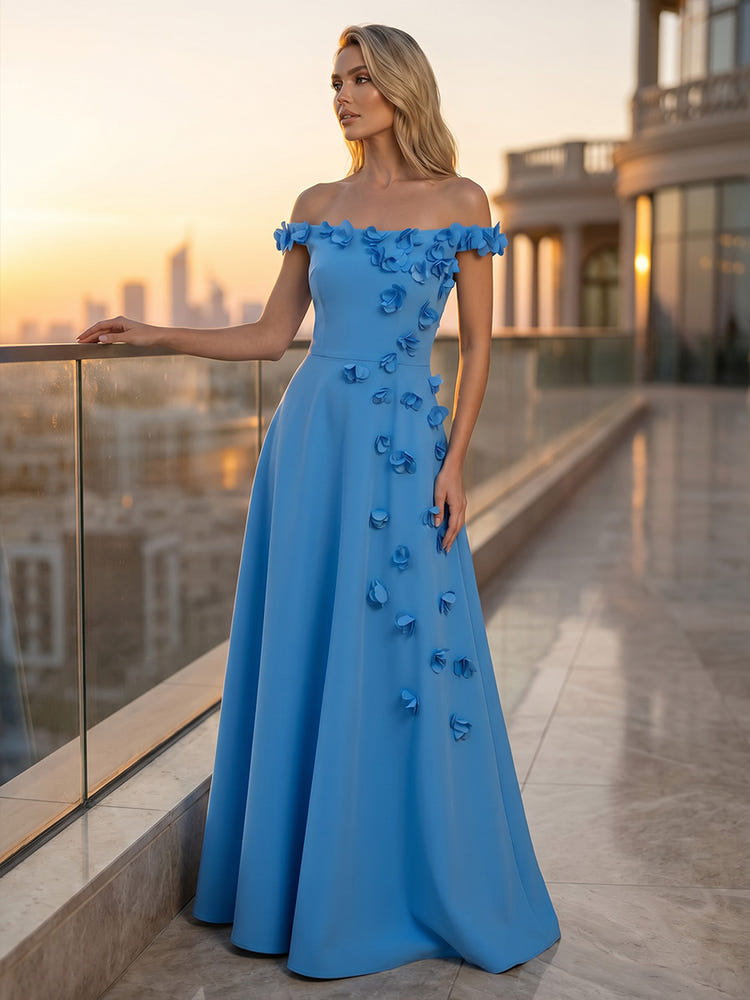 Jersey A-Line Off Shoulder Formal Dresses with 3D Flowers