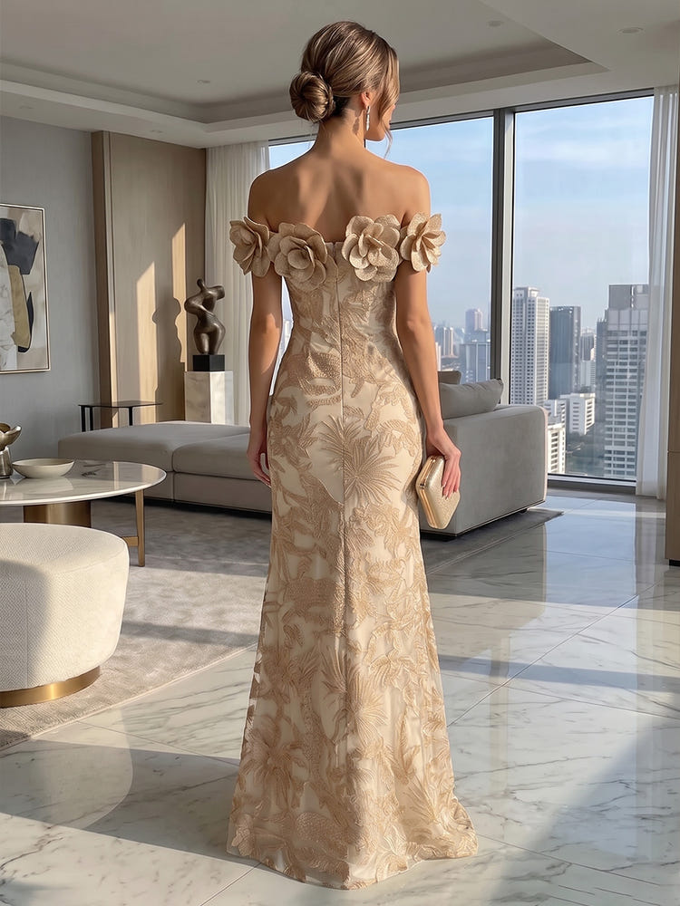 Jacquard Mermaid Off Shoulder Formal Dresses with 3D Flowers