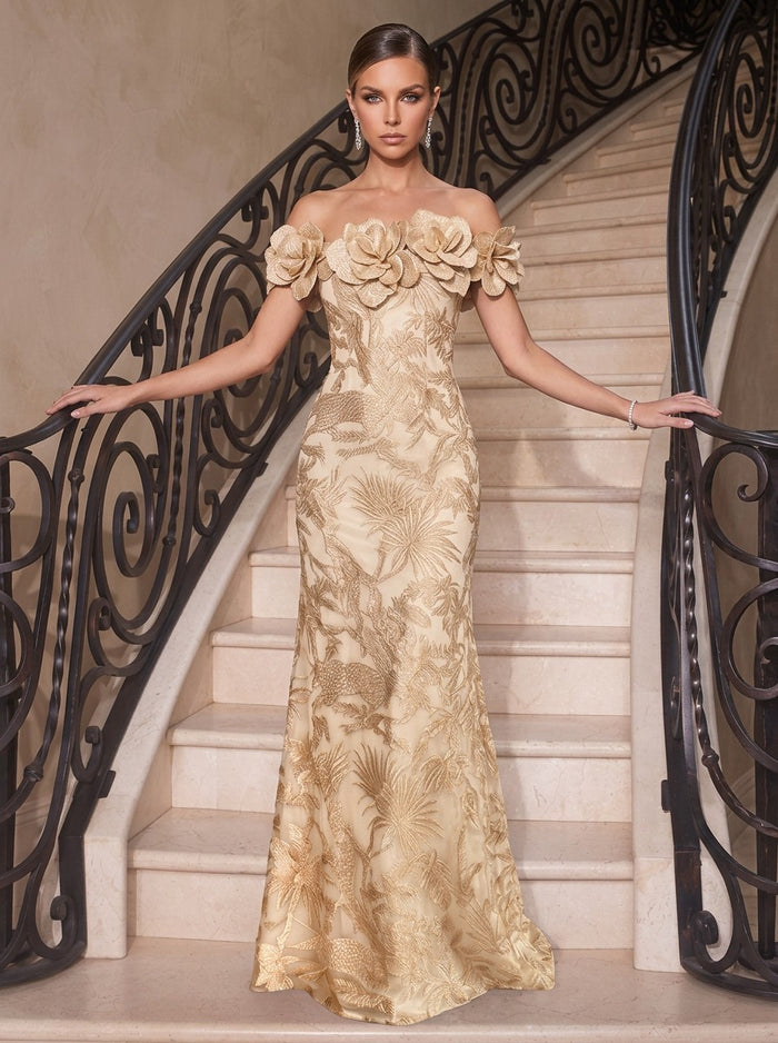 Long Elegant Jacquard Mermaid Off Shoulder Evening Dresses with 3D Flowers
