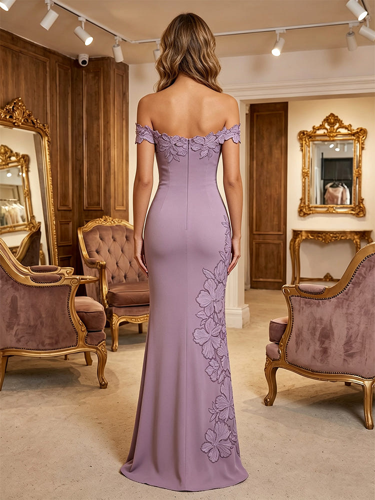 Jersey Mermaid Off Shoulder Formal Dresses with Floral Embroidery