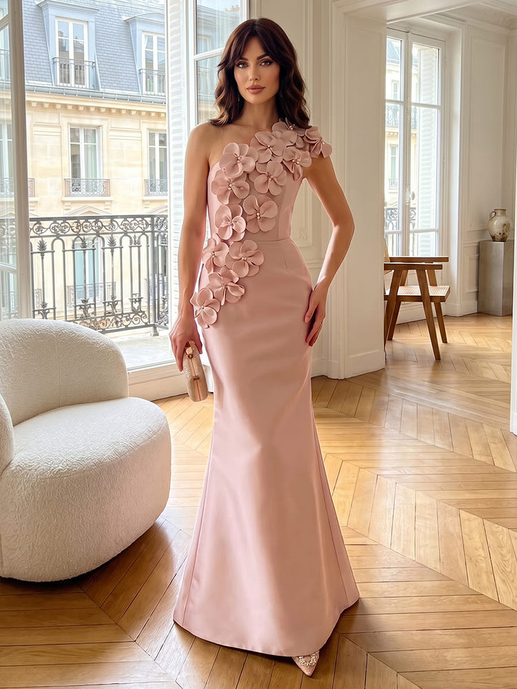 Satin Mermaid One Shoulder Formal Dresses with 3D Flowers