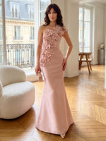 Satin Mermaid One Shoulder Formal Dresses with 3D Flowers