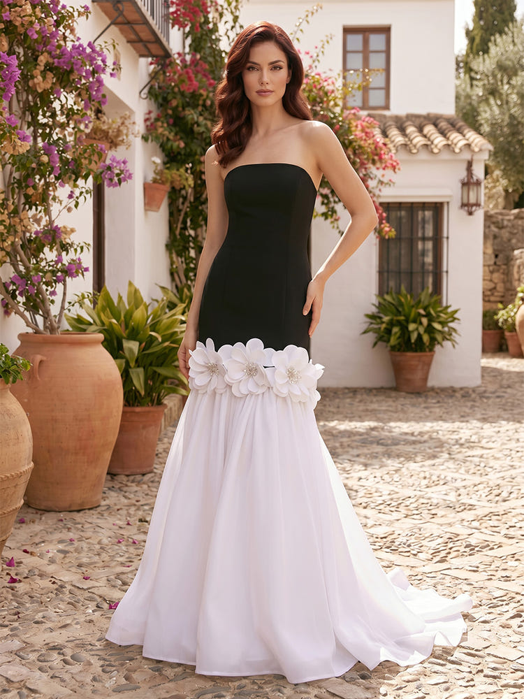 Chiffon Mermaid Strapless Formal Dresses with 3D Flowers