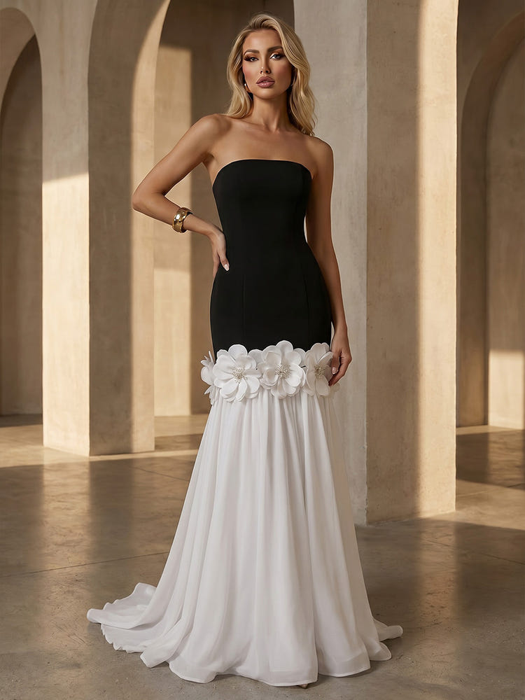 Chiffon Mermaid Strapless Formal Dresses with 3D Flowers