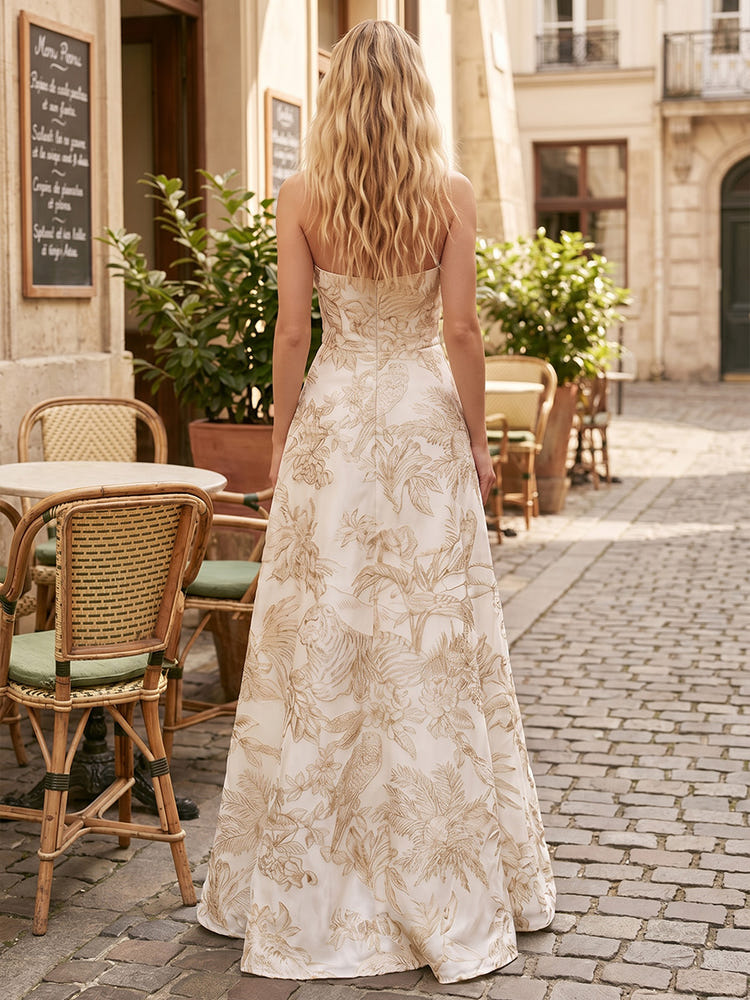 Jacquard A-Line Strapless Formal Dresses with 3D Flowers