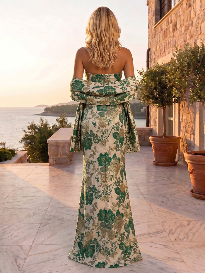 Jacquard Mermaid Strapless Formal Dresses with Shawl