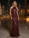 Sequin Mermaid Halter Formal Dresses with Keyhole