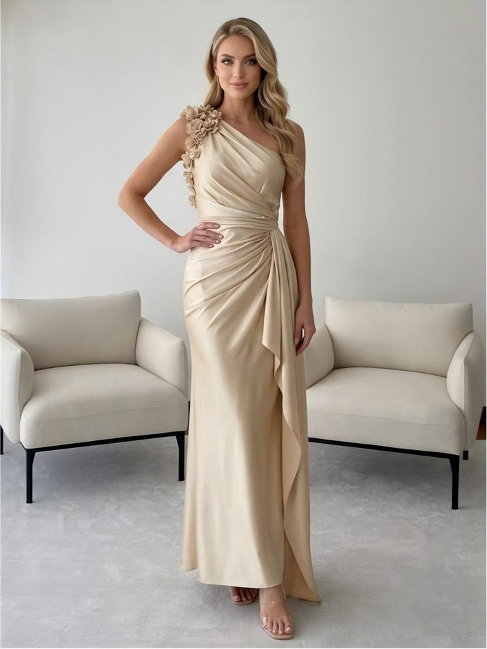 Satin Mermaid One Shoulder Pleated Formal Dresses