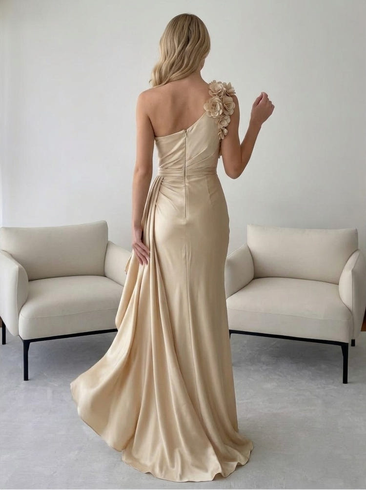 Satin Mermaid One Shoulder Pleated Formal Dresses