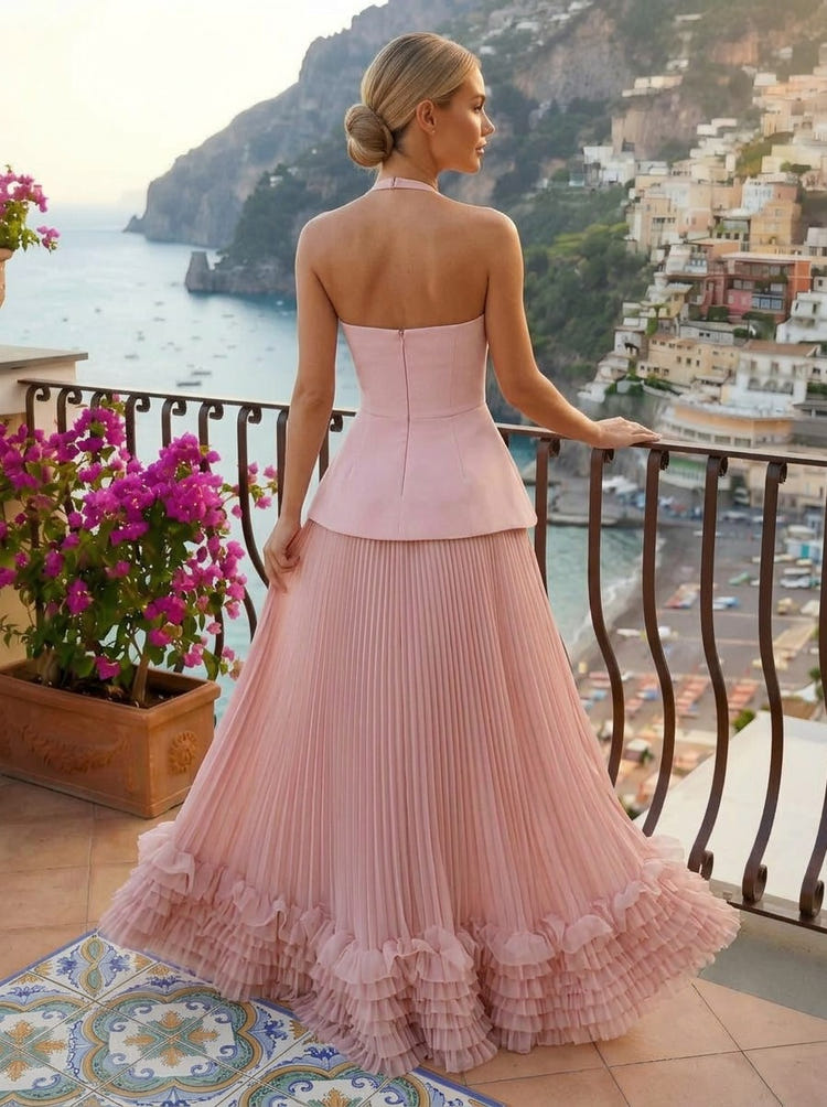 Chiffon A-Line Halter Delicate Pleated Formal Dresses