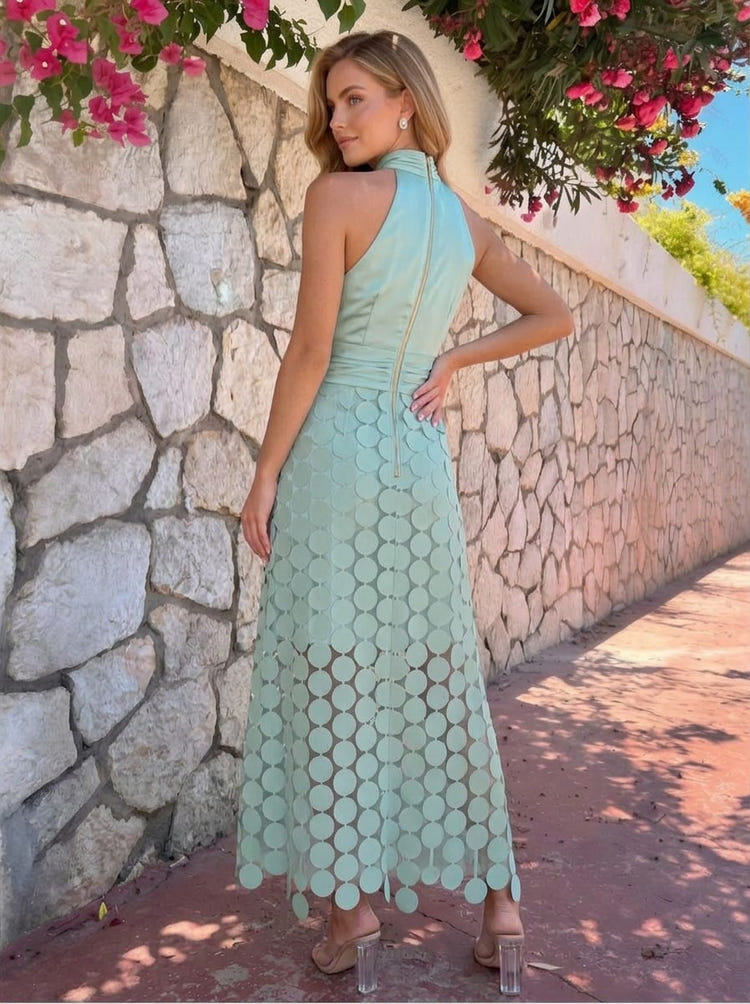 Satin A-Line High Neck Pleated Formal Dresses