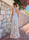 Tulle Mermaid V Neck Formal Dresses with Floral Embroidery