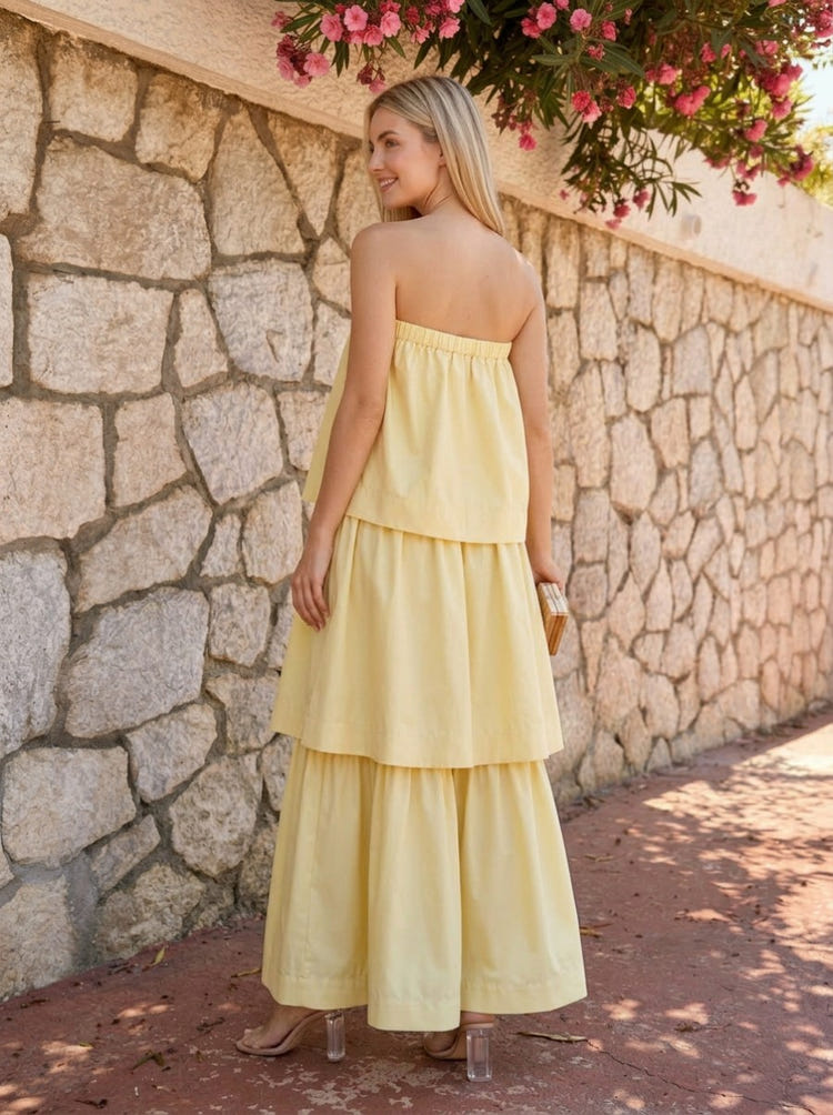 Satin A-Line Strapless Tiered Formal Dresses