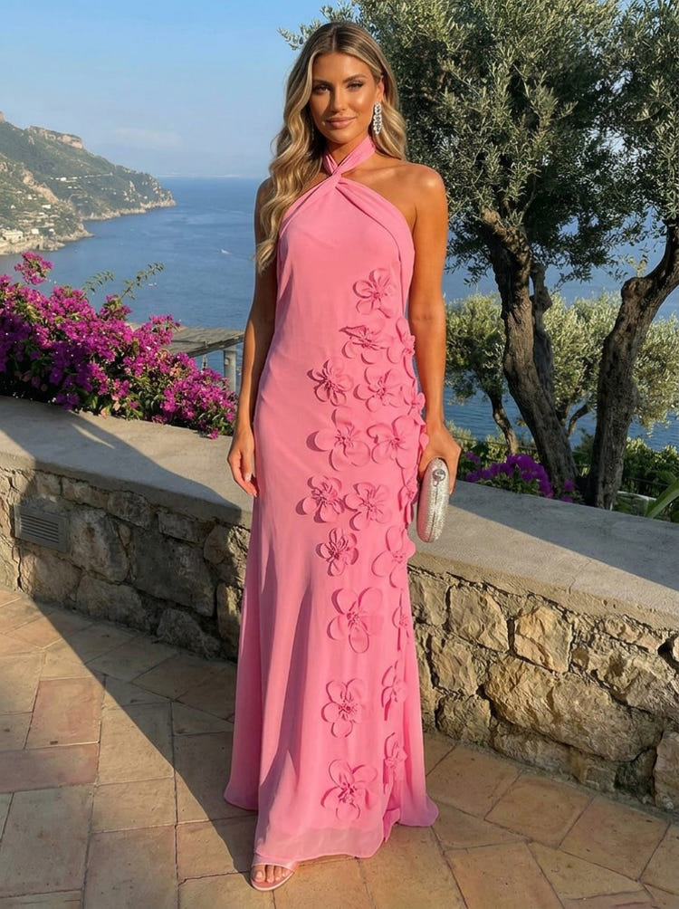 Chiffon A-Line Halter Formal Dresses with 3D Flowers