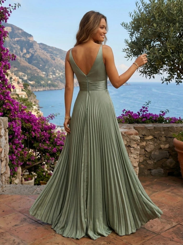Satin A-Line Spaghetti Straps Delicate Pleated Formal Dresses