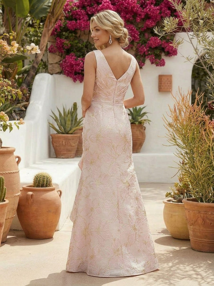 Jacquard A-Line V Neck Formal Dresses with Ruffles