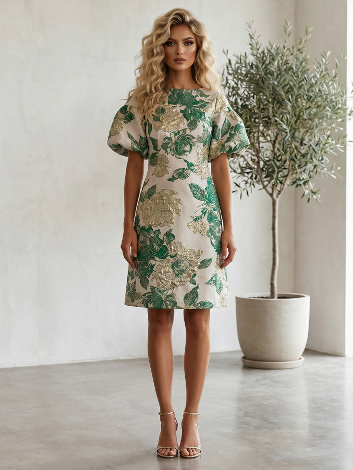 Jacquard A-Line Crew Neck Formal Dresses with Floral Metallic Jacquard Brocade