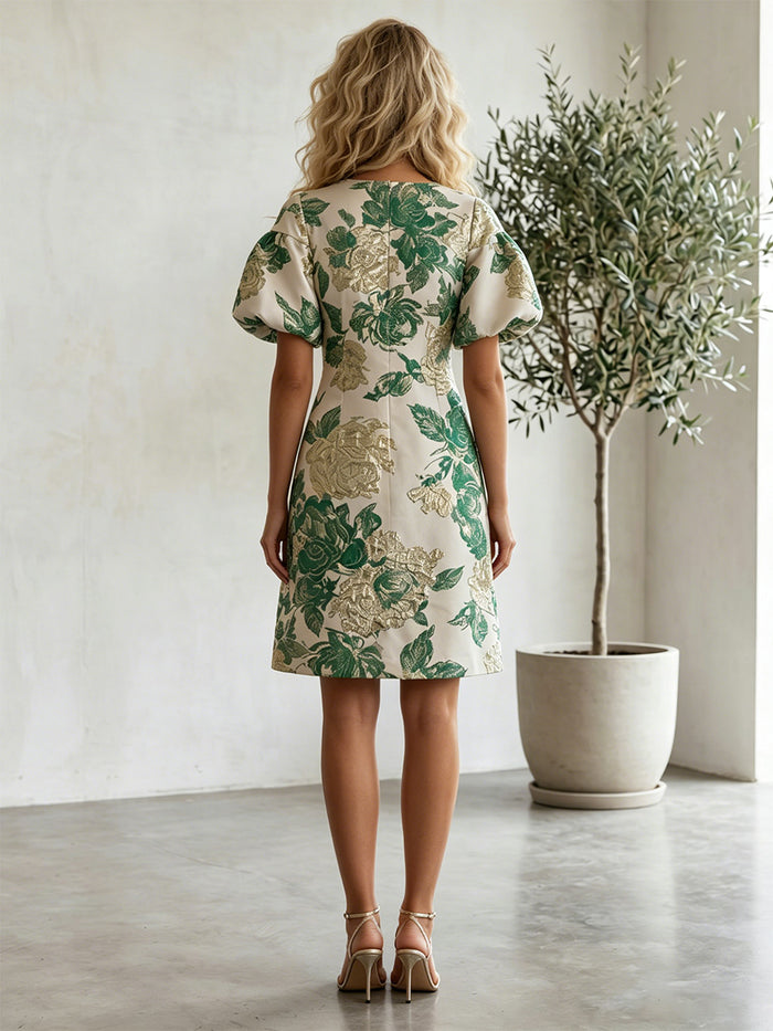 Jacquard A-Line Crew Neck Formal Dresses with Floral Metallic Jacquard Brocade