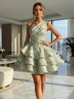 Jacquard Ball Gown One Shoulder Formal Dresses with Pleated