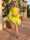 Satin A-Line One Shoulder Formal Dresses with Feathers