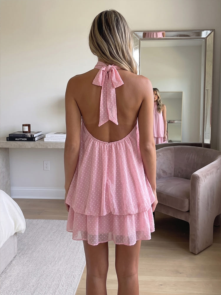 Chiffon A-Line Halter Formal Dresses with Polka Dot