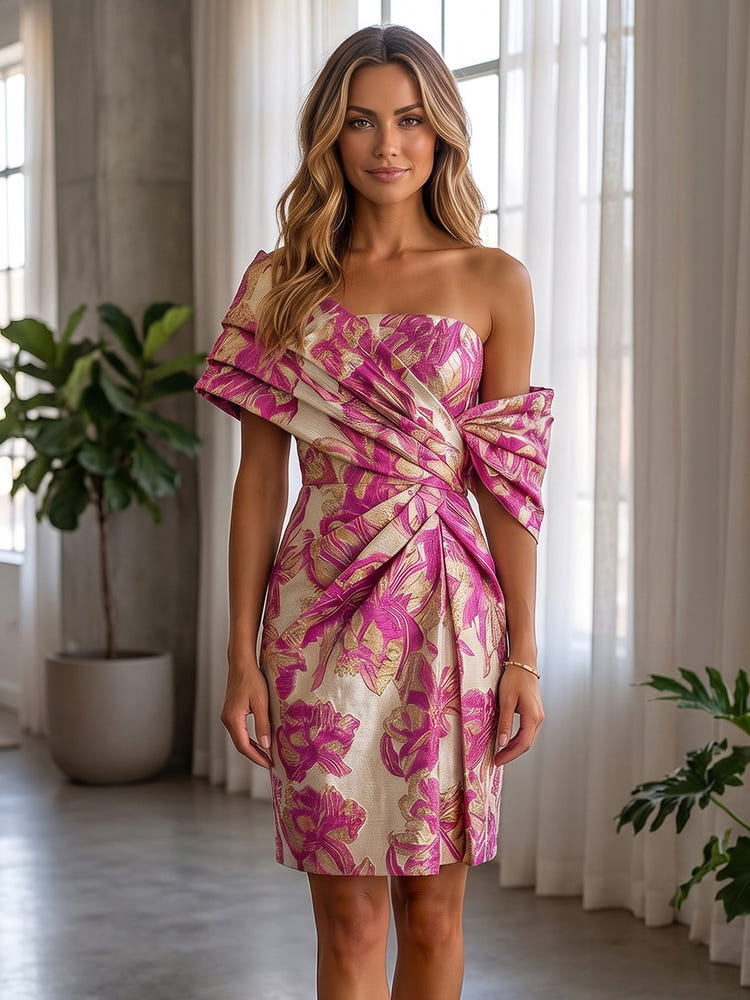 Jacquard Sheath One Shoulder Formal Dresses with Twisted Wrap Waist Detail