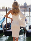 Satin Sheath One Shoulder Formal Dresses with Feathers
