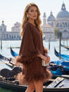 Satin A-Line V Neck Formal Dresses with Feathers
