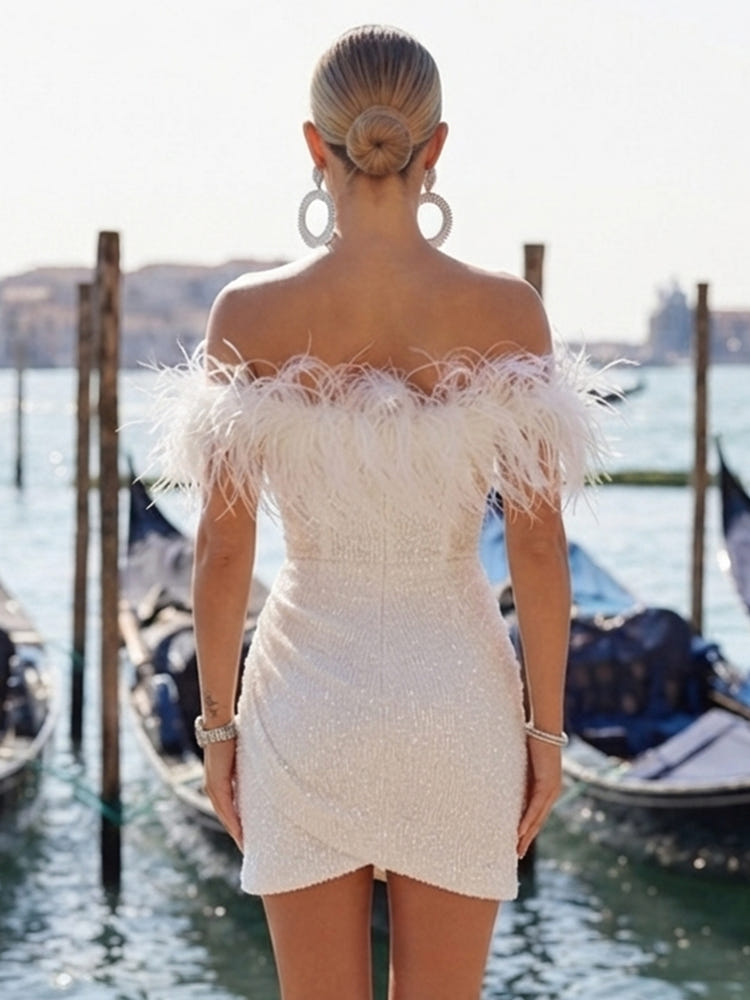 Sequin Bodycon Off Shoulder Formal Dresses with Feathers