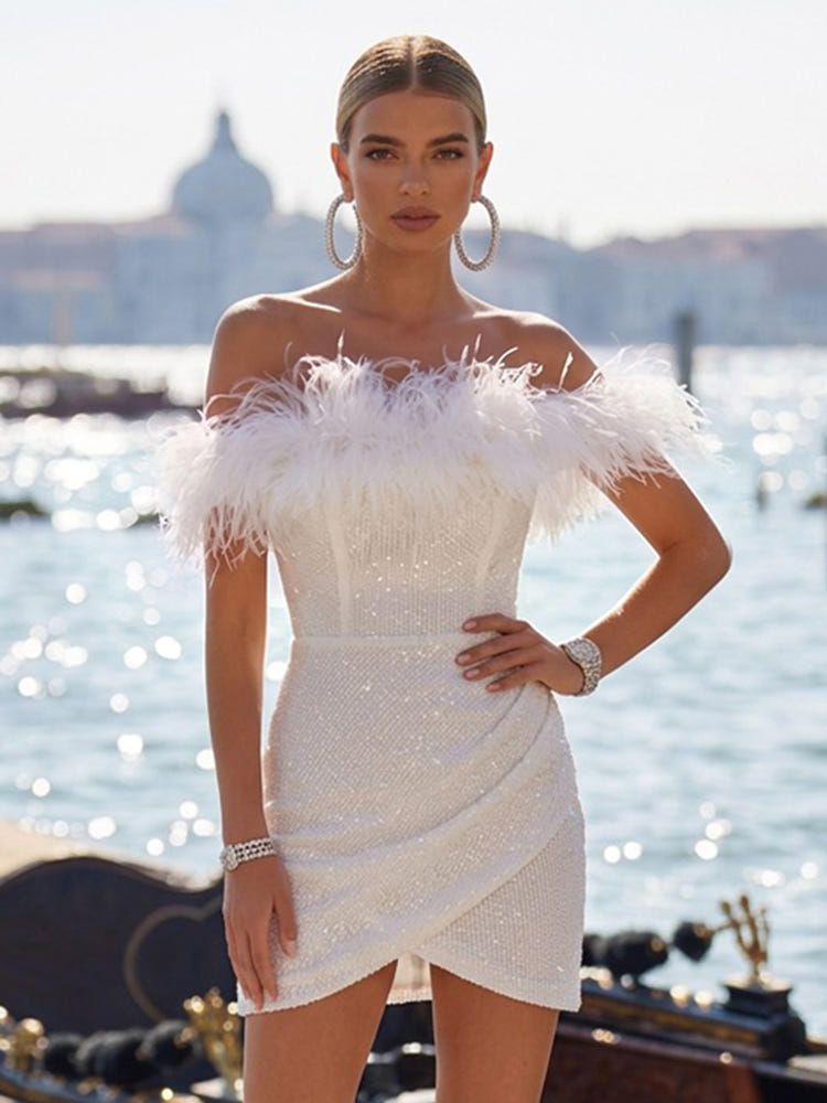 Sequin Bodycon Off Shoulder Formal Dresses with Feathers