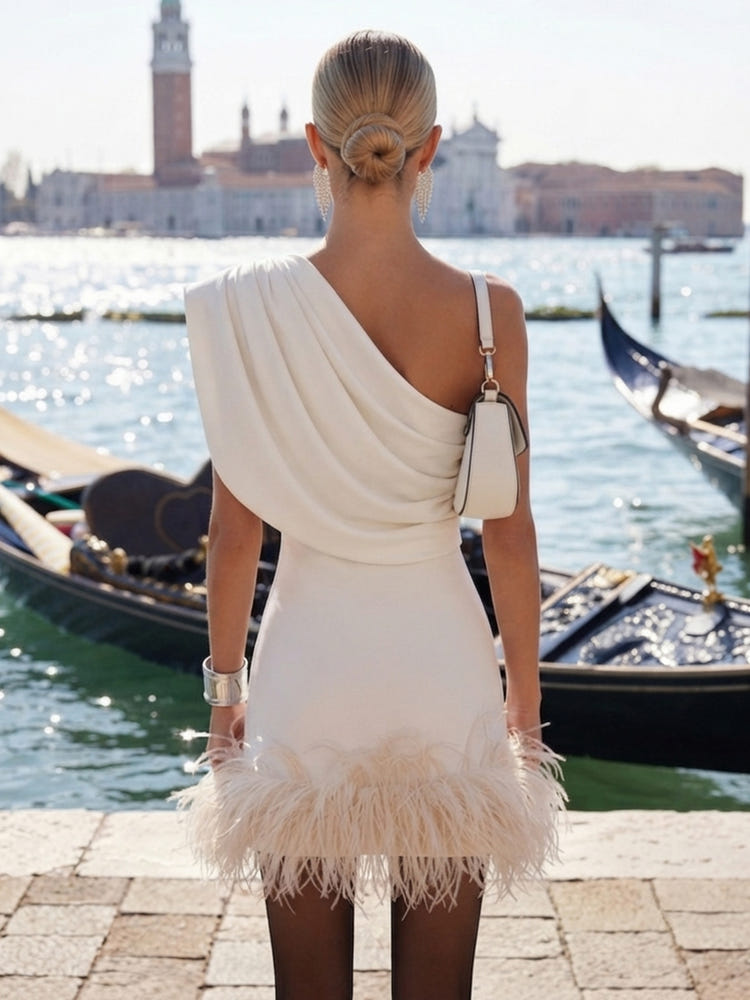 Satin Bodycon One Shoulder Formal Dresses with Natural Feather Fringe Hem