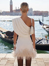 Satin Bodycon One Shoulder Formal Dresses with Natural Feather Fringe Hem