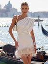 Satin Bodycon One Shoulder Formal Dresses with Natural Feather Fringe Hem