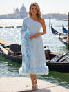 Chiffon A-Line One Shoulder Formal Dresses with Natural Feather Fringe Hem