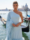 Chiffon A-Line One Shoulder Formal Dresses with Natural Feather Fringe Hem