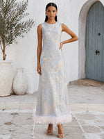 Jacquard Sheath Crew Neck Formal Dresses with Natural Feather Fringe Hem