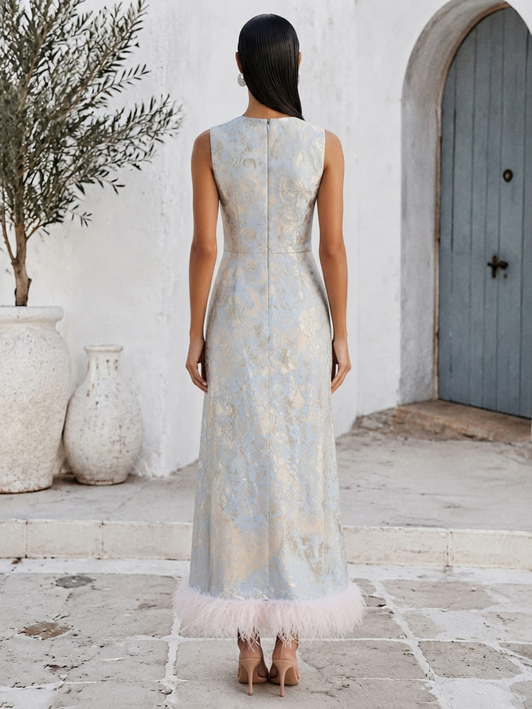 Jacquard Sheath Crew Neck Formal Dresses with Natural Feather Fringe Hem