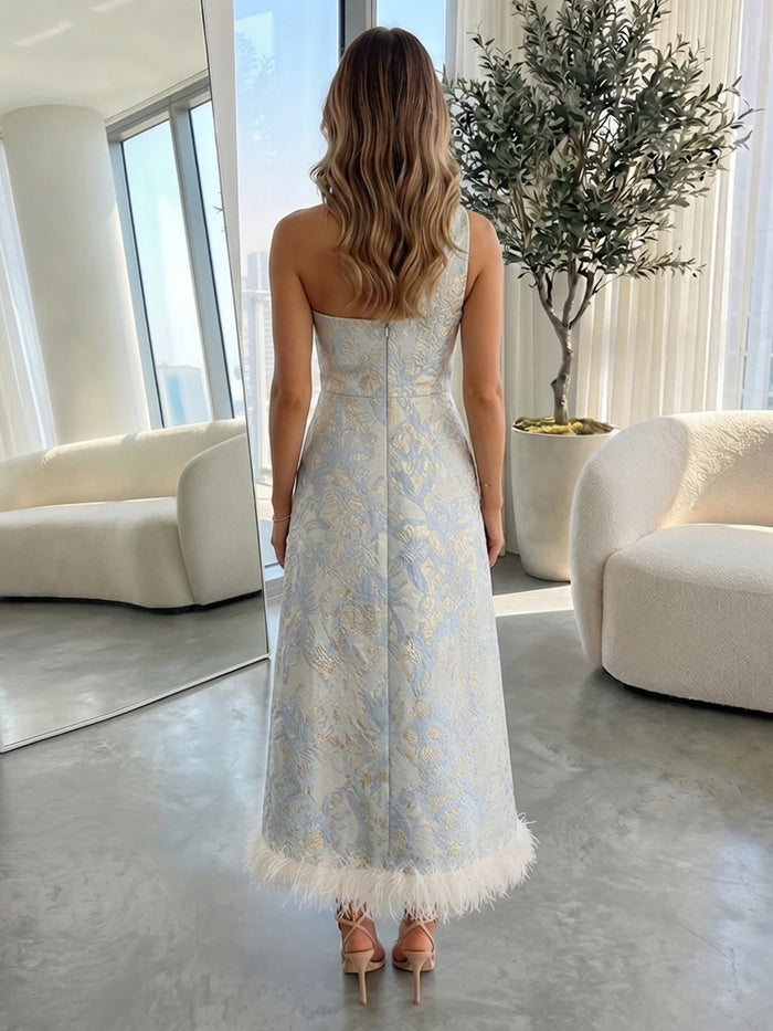 Jacquard A-Line One Shoulder Formal Dresses with Natural Feather Fringe Hem