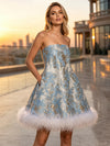 Jacquard A-Line Strapless Formal Dresses with Natural Feather Fringe Hem