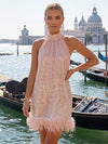 Sequin Sheath Halter Formal Dresses with Natural Feather Fringe Hem